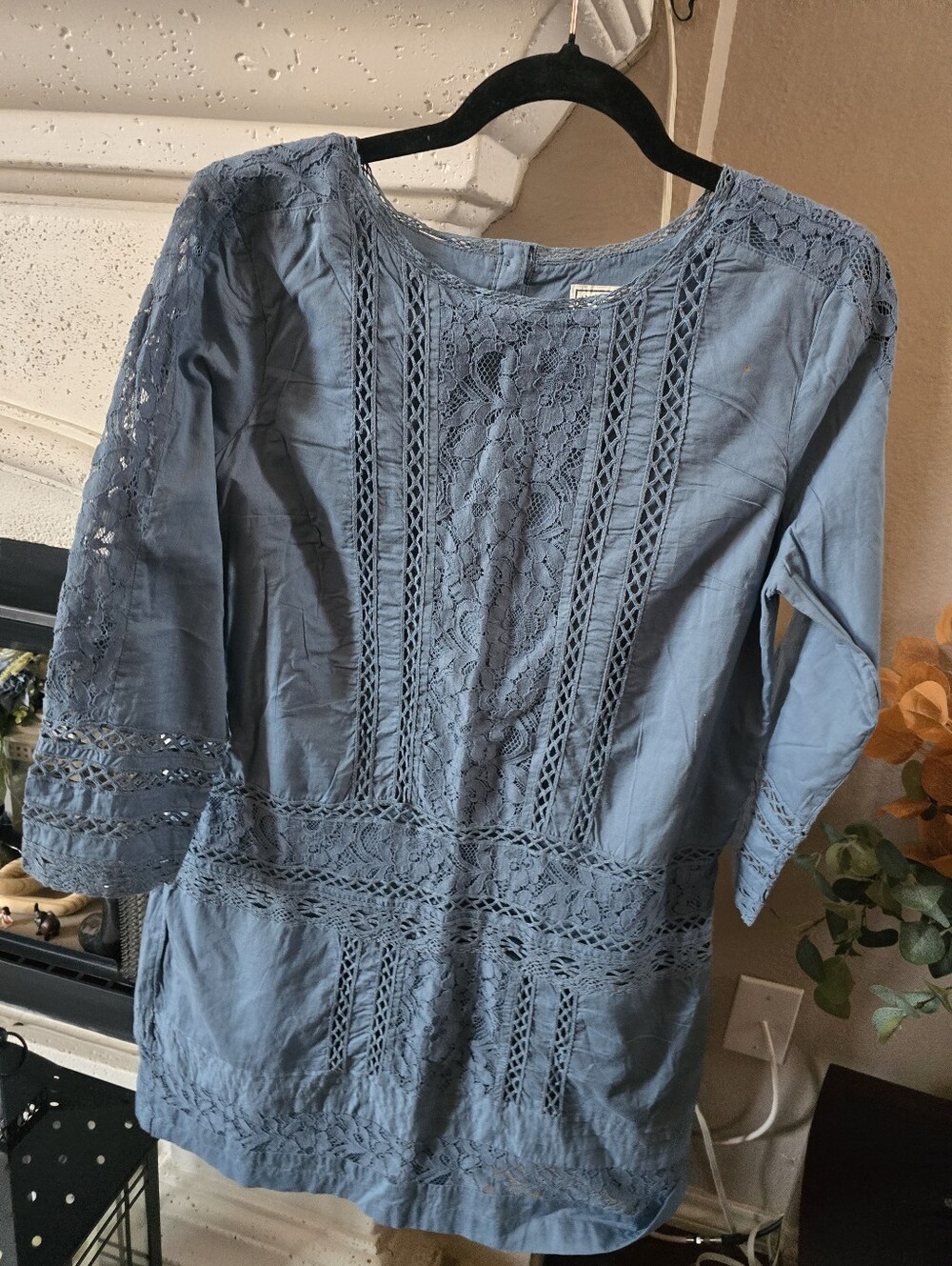 Abercrombie & Fitch Dusty Blue Crochet-Detail 3/4 Sleeve Dress Sz L Cotton
